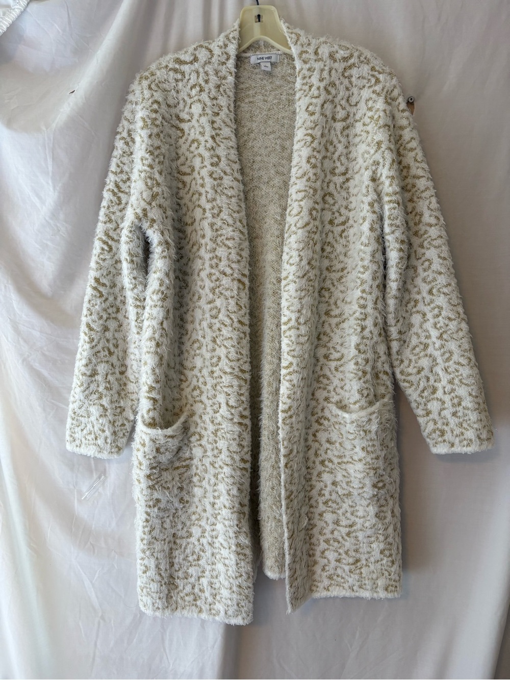 Nine West Cream and Gold Leopard Open-Front Cardigan